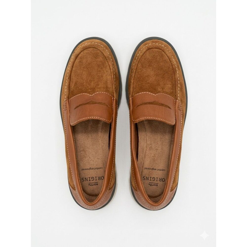 Earth Origins Suede & Leather Penny Loafers - Cognac Brown - Size 7